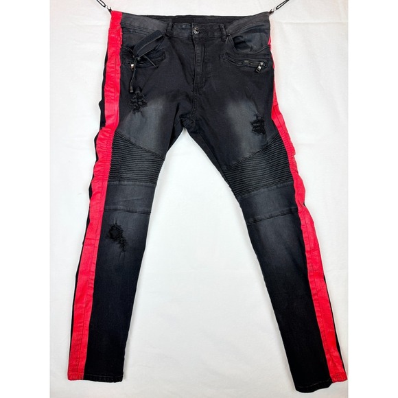 Forever 21 Other - Distressed Moto Biker Jeans Mens 36 Black Red Stripe Punk Grunge Y2K Streetwear